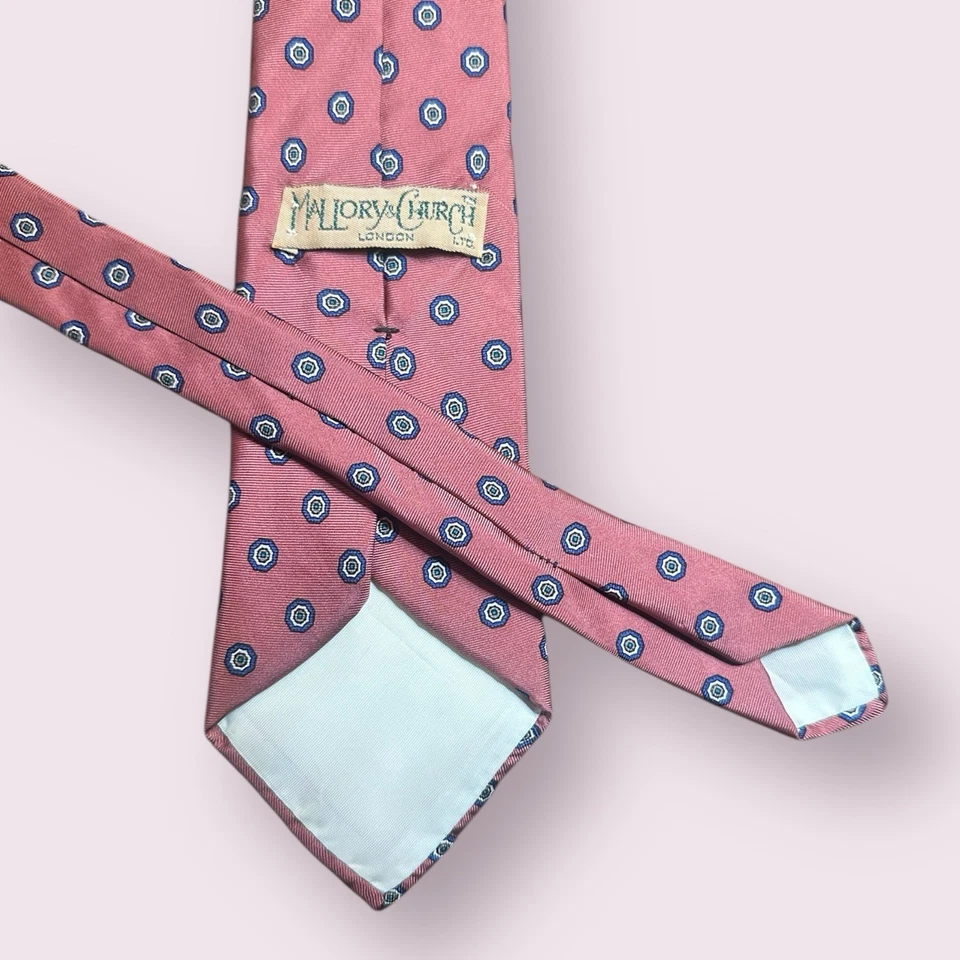 Corbata MALLORY & CHURCH Londres Rosa Azul Medallón Seda Patrón Clásico De Colección Foto 3 de 3