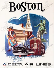 Boston Delta Airlines 1974 Vintage Travel Poster Wall Art Print Retro