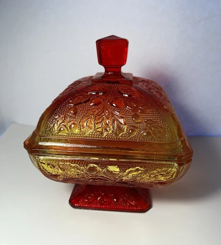 Vintage Jeanette Amberina Candy Dish Compote Carnival Glass Acorn Pattern