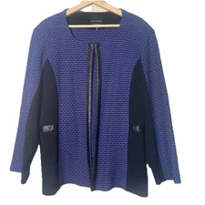 MING WANG Sapphire Tweed Knit Jacket Size 1X Purple Black 3/4 Sleeve Trim