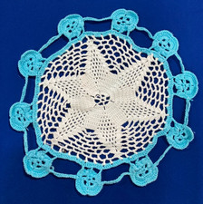 Vintage Retro Doilies Doily White Round Crochet Beautiful Blue Star