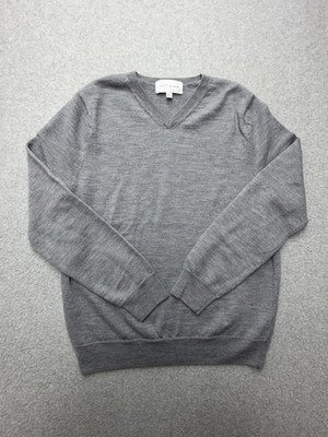 Mott & Bow Sweater Mens Large Gray 100% Merino Wool Fine Knit V Neck Pullover
