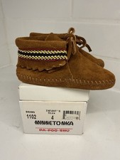Minnetonka Infant Moccasins Brown Suede Beaded Trim Size 4 With Box 1102