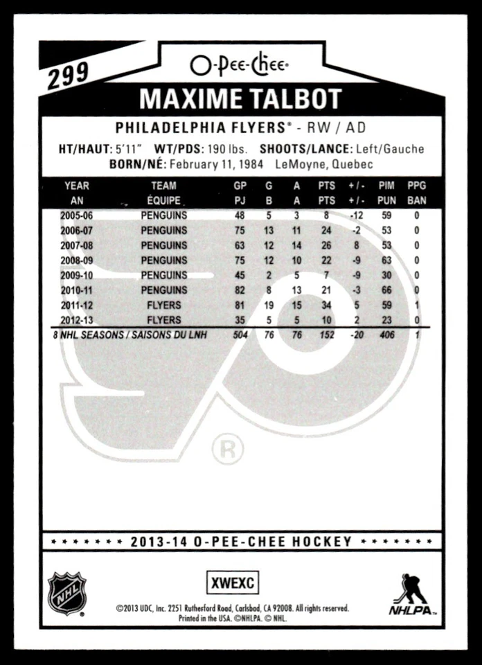 2013-14 O PEE CHEE RAINBOW Maxime Talbot Philadelphia Flyers #299 R60 - Image 2 of 2