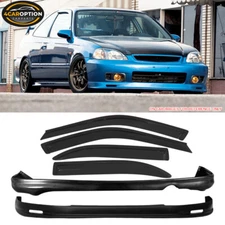 Fits 99-00 Honda Civic 4Dr Front + Rear Bumper Lip Spoiler + Sun Window Visor