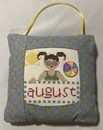 Finished Completed CROSS STITCH Pillow Ornament AUGUST Beach Girl Sun Button