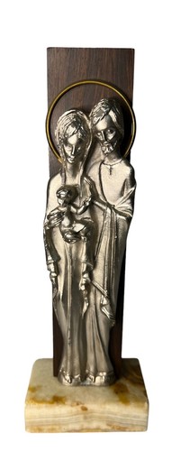 Holy Family Jesus Joseph Mary Figurine Icon Pewter & Wood on Marble Base 8" MCM - Picture 8 of 12