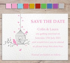 100 Personalised Wedding Save The Date Cards with envelopes butterfly birdcage#1