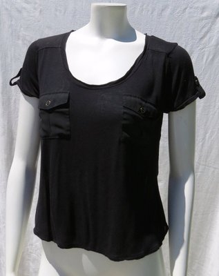 Edge women s Black Soft Stretch Rayon Knit Sheer Back Tee Shirt Top size S M