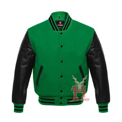Varsity Jacke Letterman Baseball Unisex Forest Green Wolle Schwarz Leder Retro