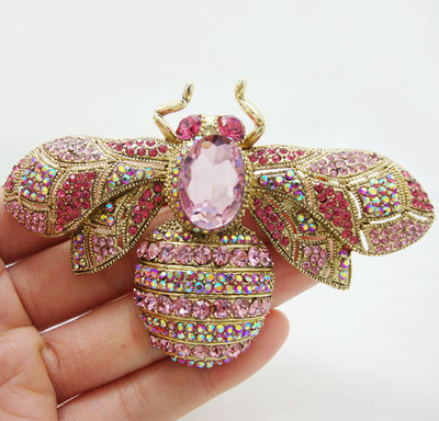 #ad New Beautiful Pink Bee Insect Rhinestone Crystal Gold tone Brooch Pin Pendant $6.78