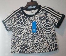 adidas Originals Women's 3 Stripes Ecru Tint Black Cropped Top Tee DU8186 Size S