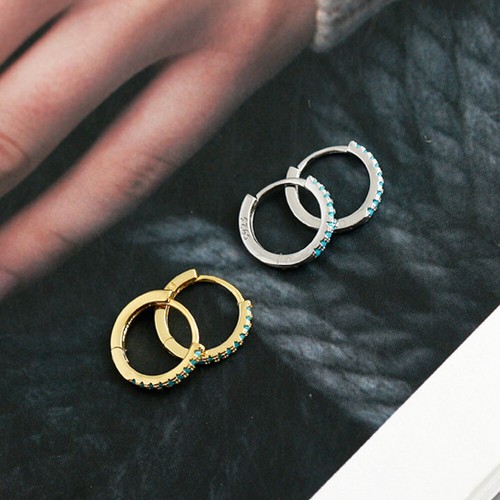 925 Sterling Silver Boho Imitation Turquoise Huggie Hoop Sleeper Earrings - Picture 3 of 14