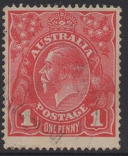 AUSTRALIA 1914-20 1d CARMINE-RED KGV STAMP VFU WMK 5 PERF. 14.1/4 (line) SG.21