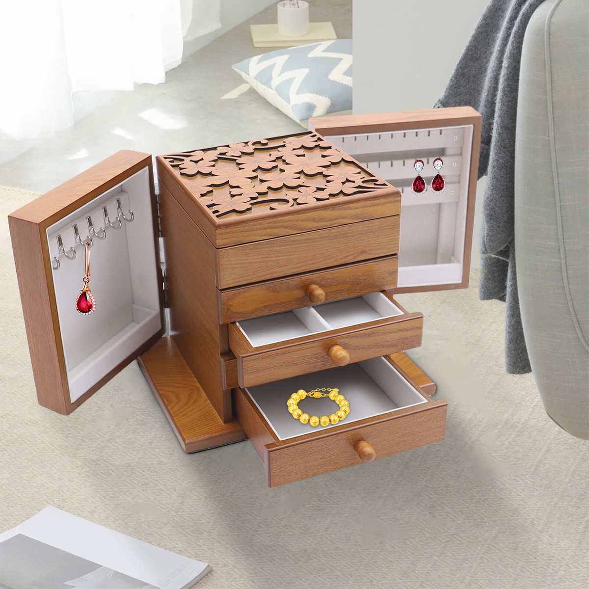 Vintage Large Jewelry Organizer Wooden Storage Box Layers Case with  Drawers