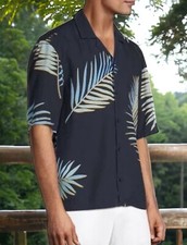 Image of Hugo Boss Lars Navy Palm Frond Print Casual Comfort Button Up Shirt Mens XL NEW