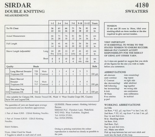 Sirdar Tropicana DK Knitting Pattern 4180 Hoodies Hooded Sweaters Child 1-12yrs - Picture 2 of 2