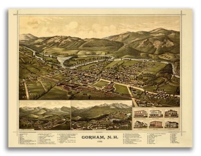 Bird's Eye View 1888 Gorham New Hampshire Vintage Style City Map - 18x24