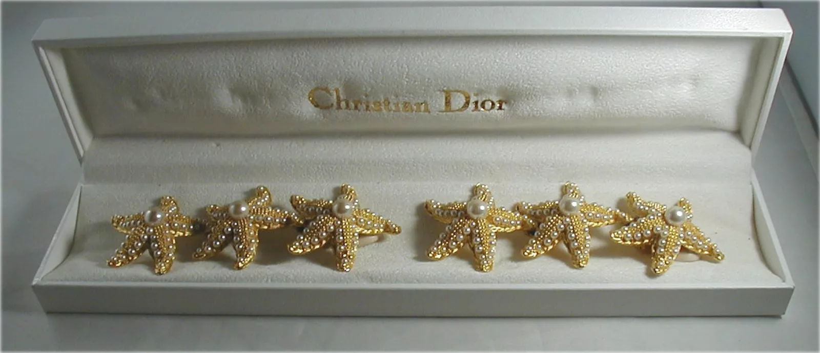 Vintage Bijou Christian Dior années 80 4 longues boucles d'oreilles clips étoiles de mer dorées et perles