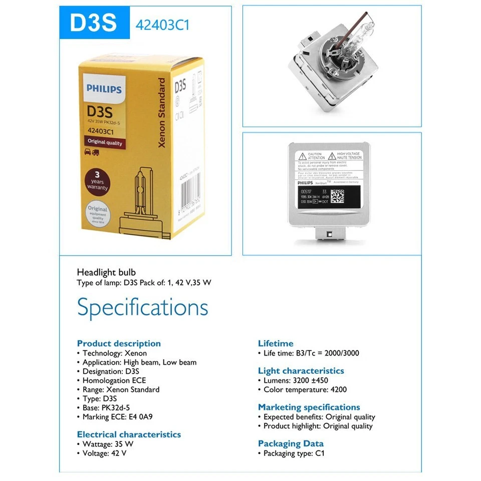 2pcs Philips D3S Xenon Headlight HID 35W Original Car Globes 4200K Standard Lamp - Image 3 of 4