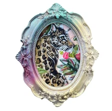 Leopard “Big Cat” watercolor print in mini colorful vintage style ornate frame