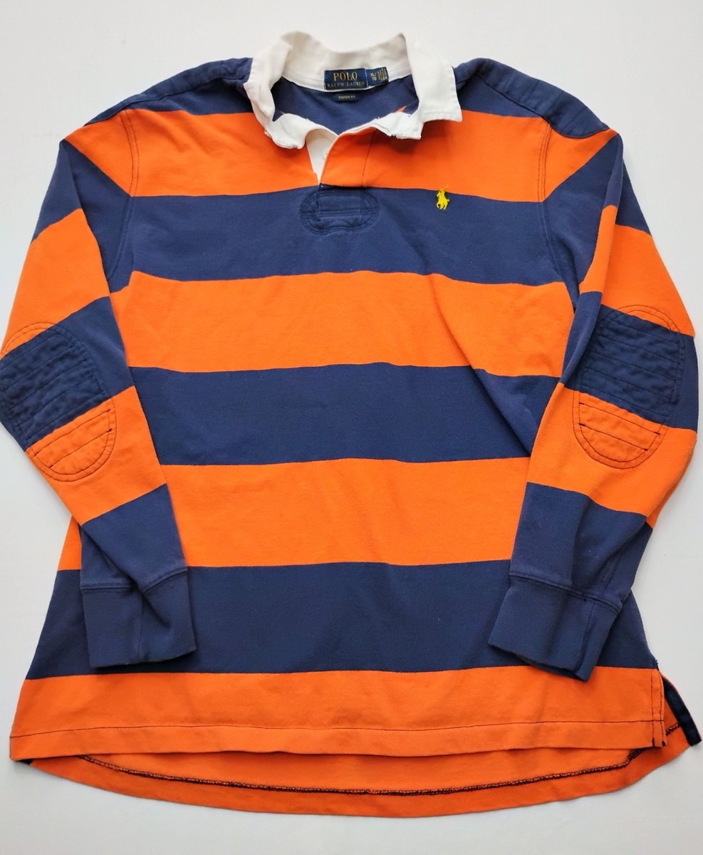 Polo Ralph Lauren Rugby Shirt Orange Navy Blue Striped Men's XL