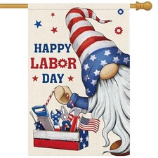 Happy Labor Day Gnome Garden Flag 28 x 40 Double Sided Burlap Working Tools