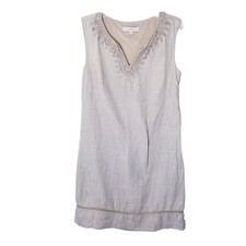 Loft Dress Women Size 8 Linen Beige Embroidered Glitter Trim