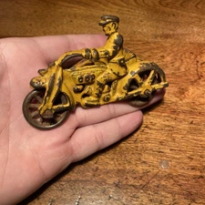 Vintage Hubley Cast Iron Yellow Motorcycle Cop w/ Nickel Wheels & Side Car