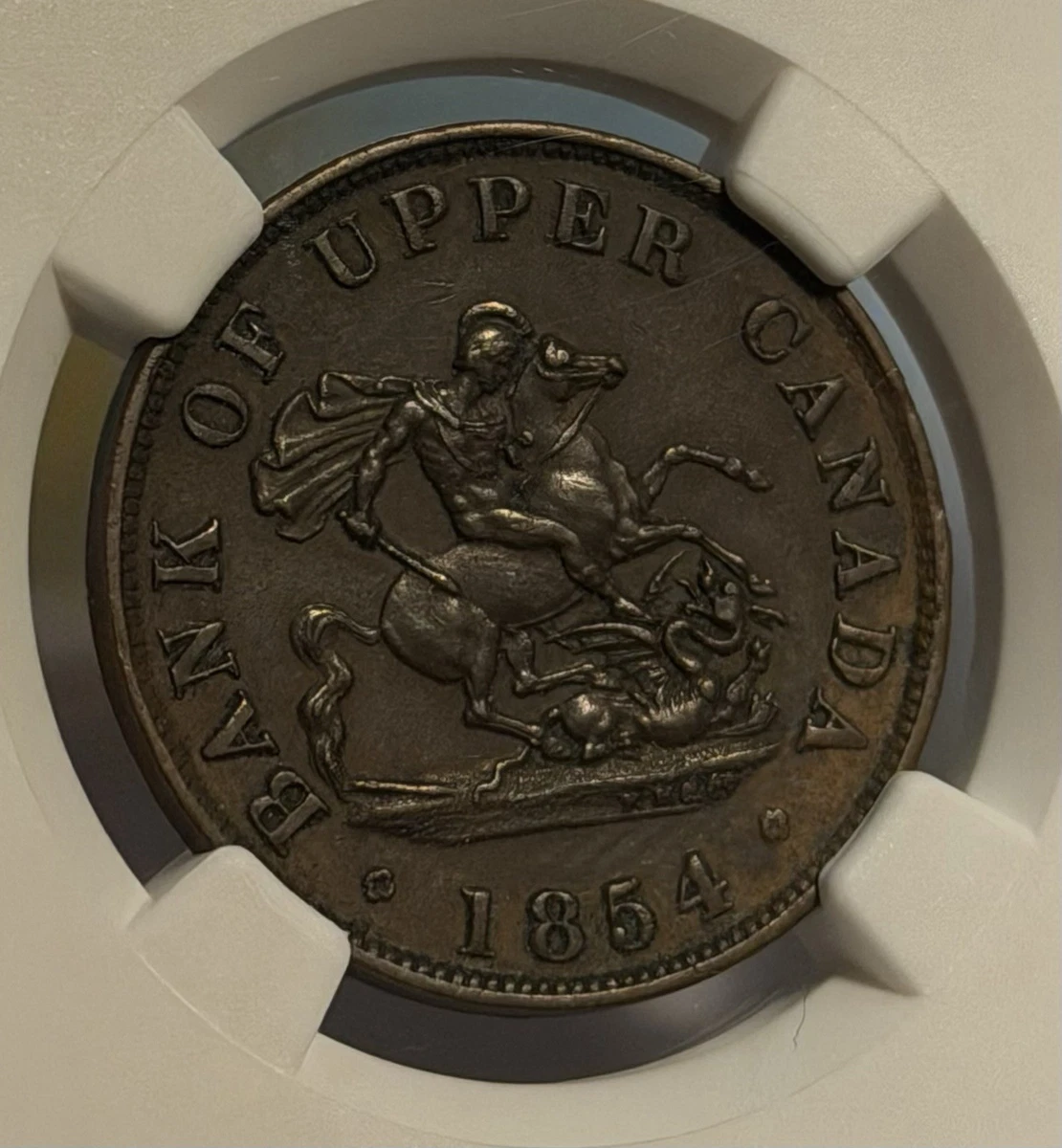 1854 Bank of Upper Canada 1/2 Penny Token, PC-5C1, Plain 4 - NGC AU58 BN