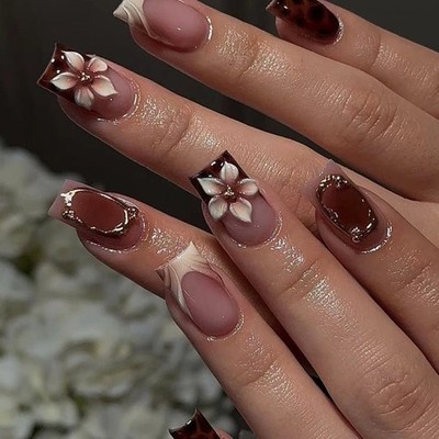 Elegant Floral Carved Square Shape False Nail ABS Press On Nail For Daily Use