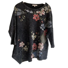Jess & Jane Womens Mineral Washed Top Size XL Dark Floral Asymmetric Lagenlook