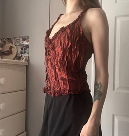 Vtg Y2K Anne Giorgio Lace up Corset Style Crinkle Tank Top L Whimsigoth Fairy