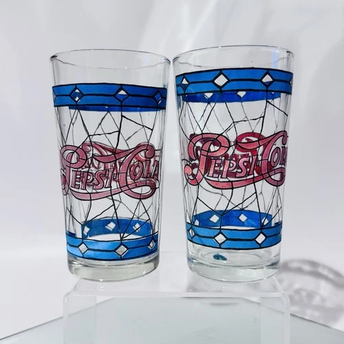 (2) Vintage 70s Pepsi Cola Tiffany Style Glasses Red Blue Stained Glass Look