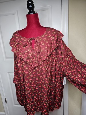 NWT Womens Sonoma Burgundy Floral Long Sleeve Peasant Ruffle Top Shirt