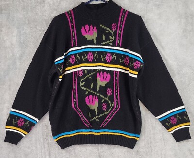 Adele Knit Wear Sweater Womens Large Black Retro Pattern 80s Vintage  Pullover