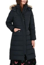 Joules Size 16 Cotsland Padded Long Coat Grey 2 Black Fur Trim Hood Shower Proof