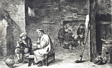 Alte Radierung, Die beiden Raucher, D. Teniers, Peter Halm, um 1910, Rarität