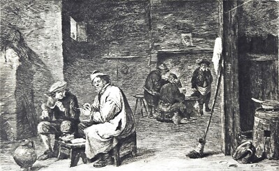 Alte Radierung, Die beiden Raucher, D. Teniers, Peter Halm, um 1910, Rarität