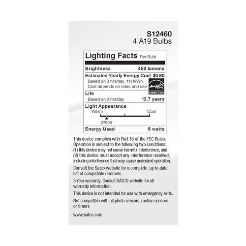 Pack Satco S12460 LED Filament 120V 5W 40W A19 Medium E26 Clear 2700K Warm White - Picture 6 of 10