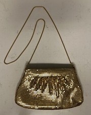 Vintage Gold Mesh Metal Evening Bag Purse Mesh Snake Chain Handle Satin Lined