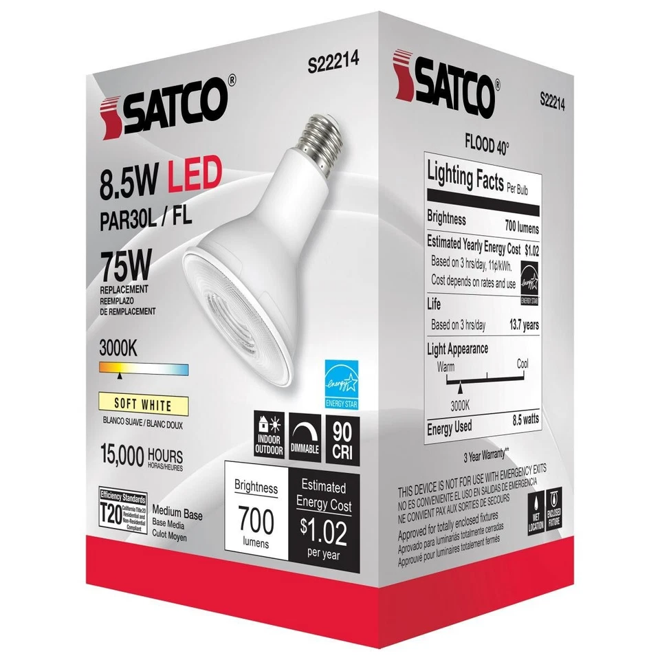 SATCO S22214 - 8.5 Watt PAR30L LED Bulbs - 3000K - 120 Volts (6 Pack) - Image 3 of 4