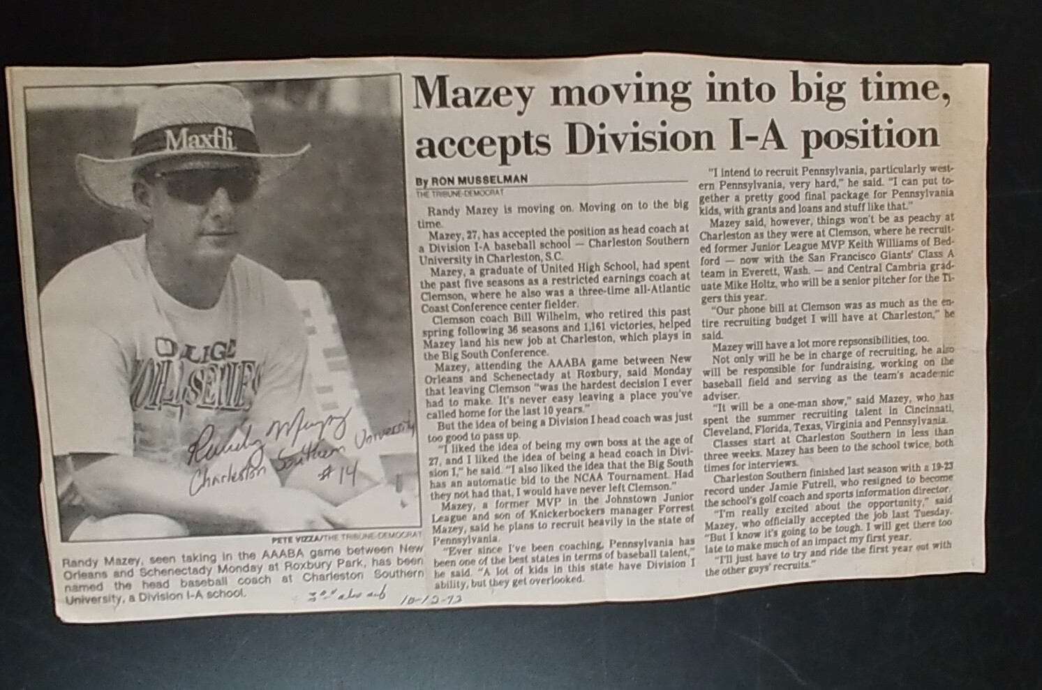 Randy Mazey Autographed Newspaper Photo 1993 West Virginia University randy-mazey-autographed-newspaper-photo-1993-west-virginia-university