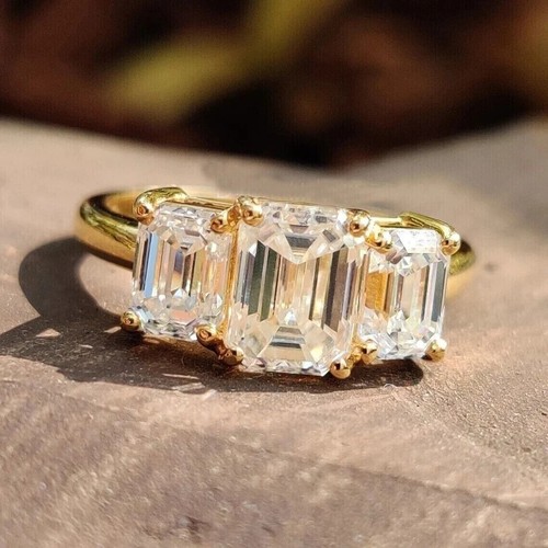 10X8mm Emerald Cut Moissanite Three Stone Engagement Ring 14k Yellow Gold Plated