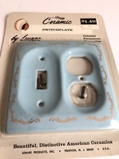 Vtg BLUE Porcelain Ceramic TOGGLE/OUTLET SWITCHPLATE Light Bathroom MCM NOS