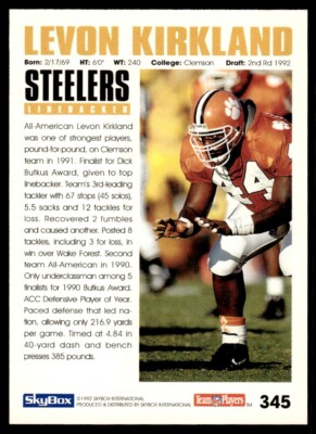 1992 SkyBox Football Card Levon Kirkland Rookie A Pittsburgh
