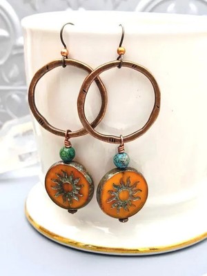 Sun Czech Bead Earrings: Turquoise, Copper, Niobium - Hypoallergenic earwires