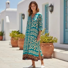 Zara Womens Boho Midi Maxi Dress M Teal Button Front Flowy Resort Vacation