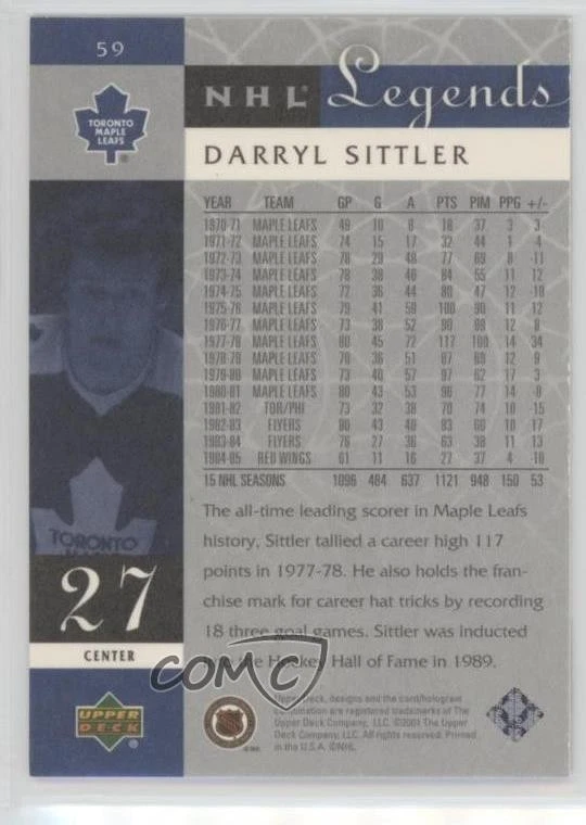 2001-02 Upper Deck Legends Darryl Sittler #59 HOF - Image 2 of 2