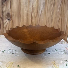 Vintage MCM Wooden Pedestal Bowl Woodcroftery Scallop Edge Mid Century Made USA